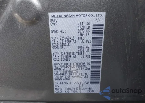 2020 Nissan Rogue Sv Intelligent Awd z USA, uszkodzony, nr VIN 5N1AT2MV1LC781168